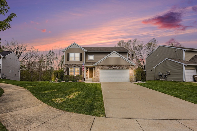 754 Autumn Valley Dr, Ortonville, MI 48462 - craftsman house featuring concrete driveway, a yard, stone siding, and board and batten siding