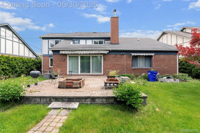 441 Parkview Dr, Detroit, MI 48214 - rear view of property with a fire pit, a patio, brick siding, a chimney, and a yard