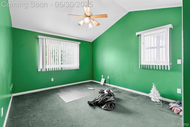 441 Parkview Dr, Detroit, MI 48214 - unfurnished room featuring lofted ceiling, carpet, baseboards, and ceiling fan