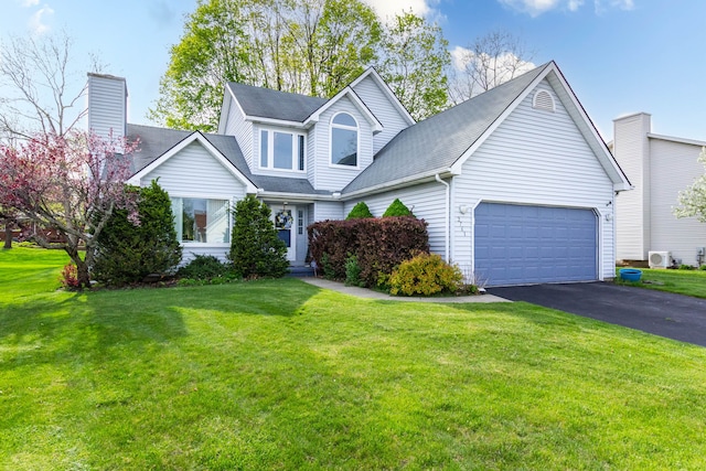 2761 Tomahawk Dr, Waterford, MI 48328 - traditional home featuring a garage, asphalt driveway, a front yard, roof with shingles, and a chimney
