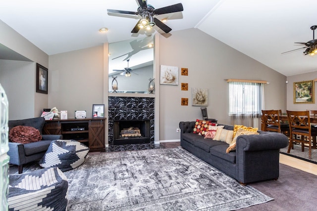 2761 Tomahawk Dr, Waterford, MI 48328 - living room with a ceiling fan, a fireplace, and high vaulted ceiling