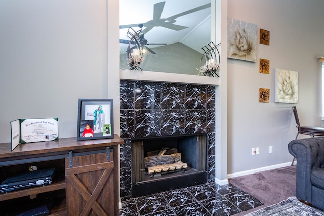 2761 Tomahawk Dr, Waterford, MI 48328 - interior space with a high end fireplace, marble finish flooring, ceiling fan, lofted ceiling, and baseboards