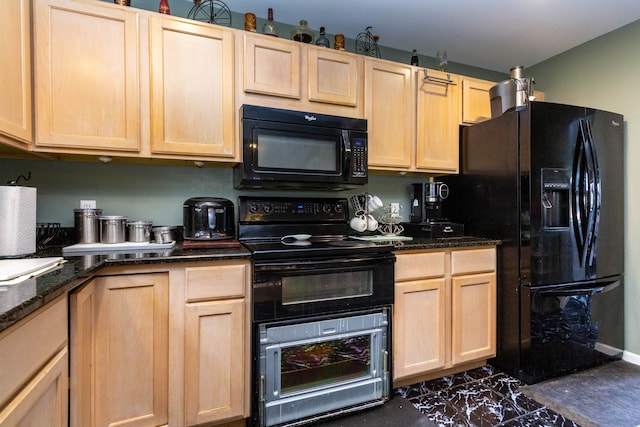 2761 Tomahawk Dr, Waterford, MI 48328 - kitchen featuring black appliances, light brown cabinets, dark marble finish flooring, and dark stone countertops
