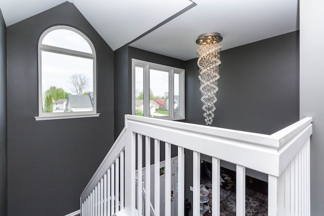 2761 Tomahawk Dr, Waterford, MI 48328 - stairway featuring lofted ceiling