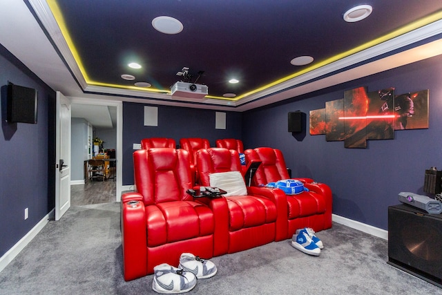 2761 Tomahawk Dr, Waterford, MI 48328 - carpeted cinema room featuring a tray ceiling, baseboards, and recessed lighting