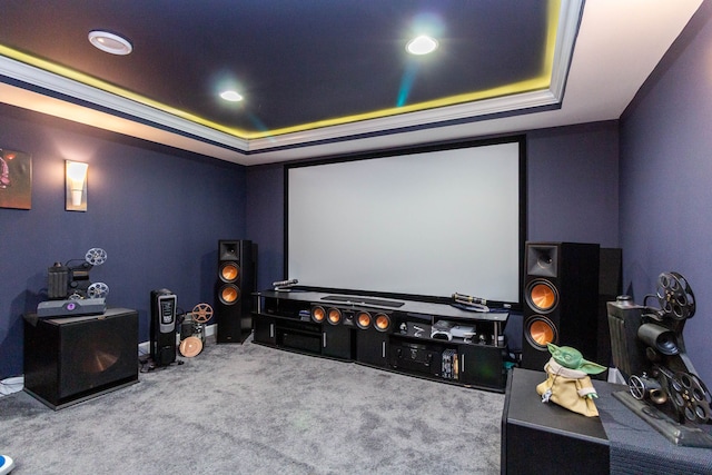 2761 Tomahawk Dr, Waterford, MI 48328 - carpeted cinema room with a tray ceiling, recessed lighting, and baseboards