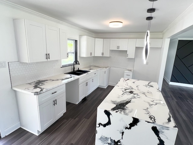 kitchen featuring a sink, dark wood-type flooring, white cabinetry, tasteful backsplash, and ornamental molding