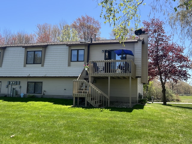 back of house with stairway, a deck, a yard, and a chimney