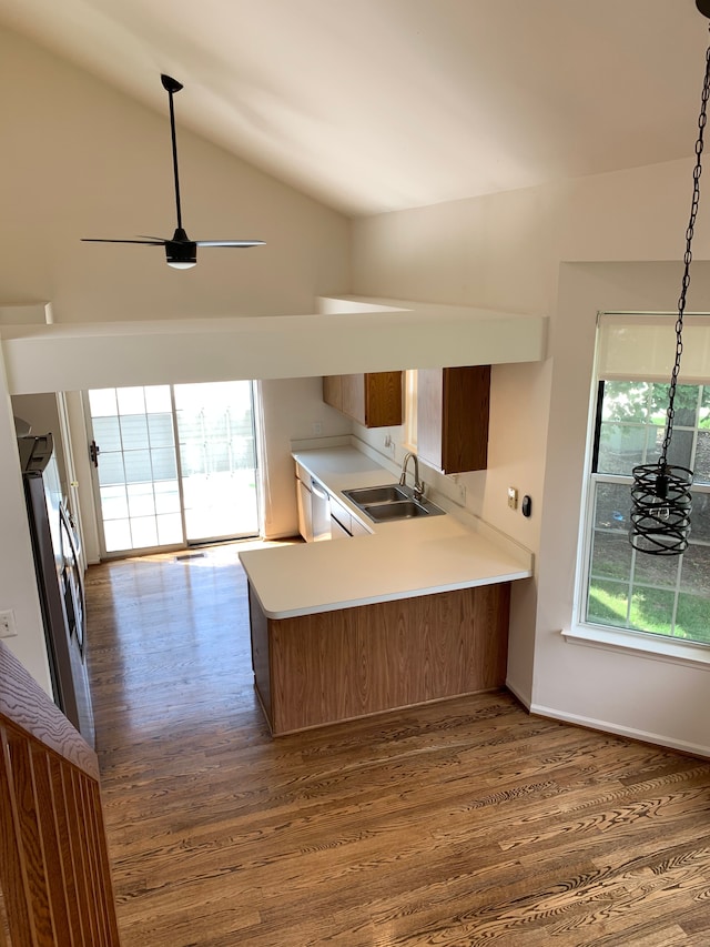 kitchen featuring a sink, vaulted ceiling, dark wood-type flooring, light countertops, and stainless steel dishwasher