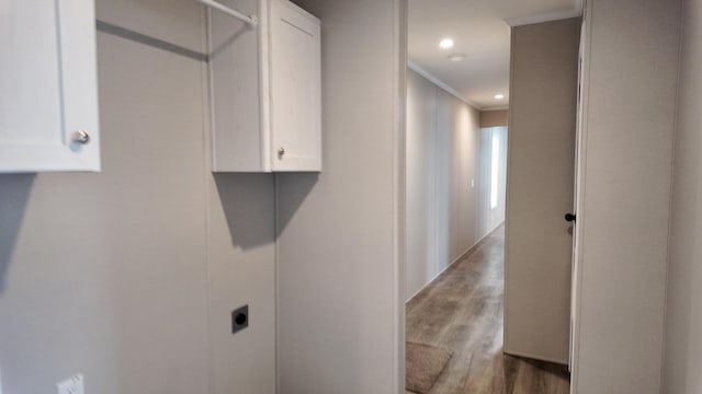 20803 Grandville Rd Unit 213, Big Rapids, MI 49307 - laundry area with hookup for an electric dryer, wood finished floors, ornamental molding, and recessed lighting