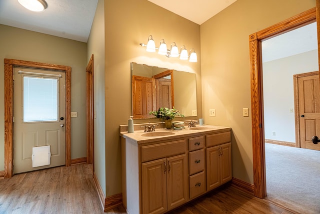 bathroom featuring wood finished floors, baseboards, and double vanity