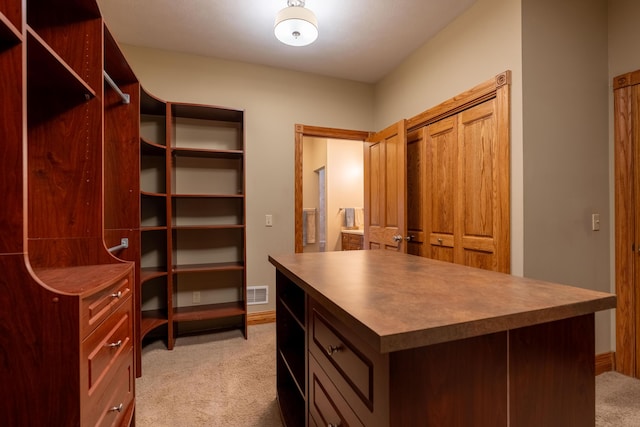 walk in closet with light carpet