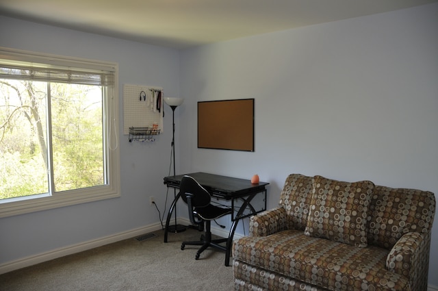 carpeted office with plenty of natural light and baseboards