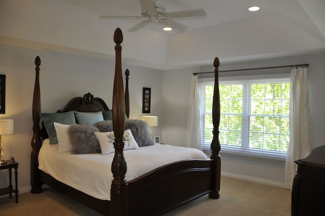 carpeted bedroom with baseboards, recessed lighting, and ceiling fan