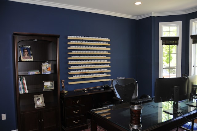 office space featuring crown molding and recessed lighting