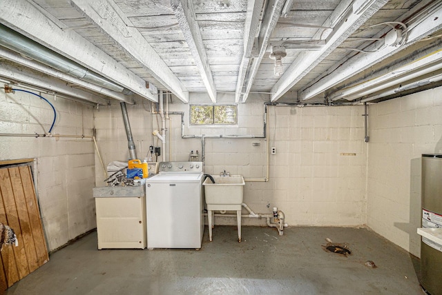 3771 E Loop Rd, Hesperia, MI 49421 - basement featuring washer / clothes dryer, a sink, concrete block wall, and gas water heater