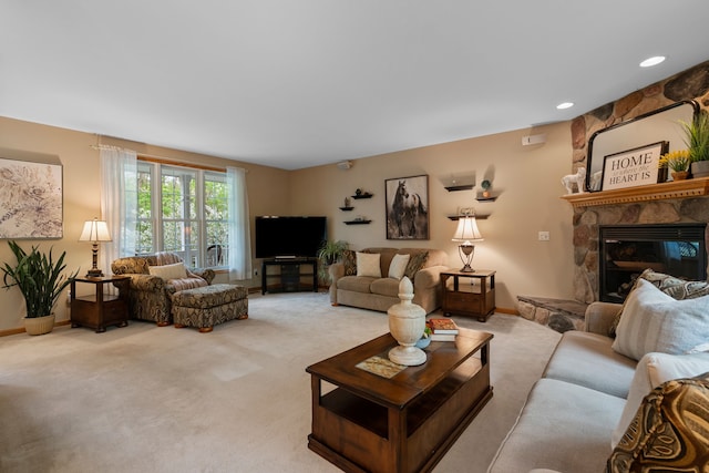 3135 Walnut Hls, Leonard, MI 48367 - living room with light colored carpet, a fireplace, and baseboards