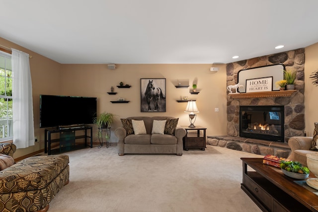 3135 Walnut Hls, Leonard, MI 48367 - carpeted living area with a stone fireplace and recessed lighting