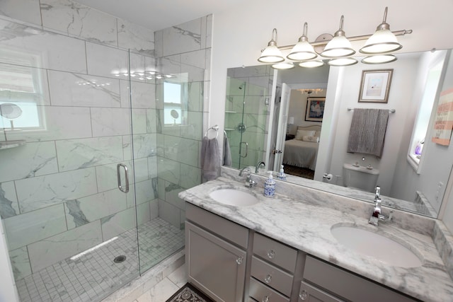 9466 Heritage, Goodrich, MI 48438 - bathroom with plenty of natural light, a stall shower, and double vanity