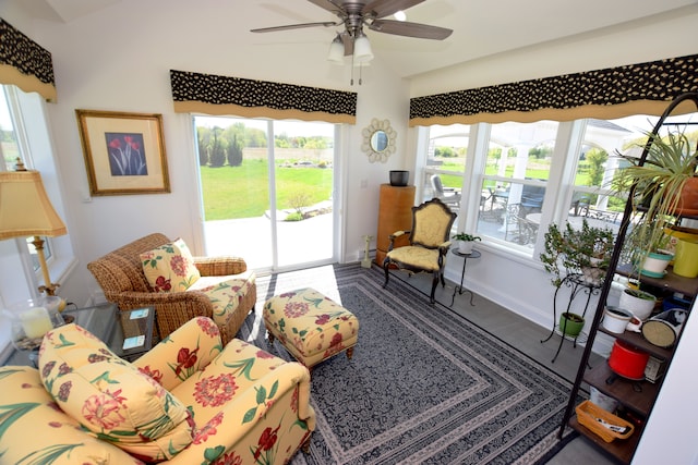 9466 Heritage, Goodrich, MI 48438 - living room with ceiling fan, baseboards, lofted ceiling, and wood finished floors