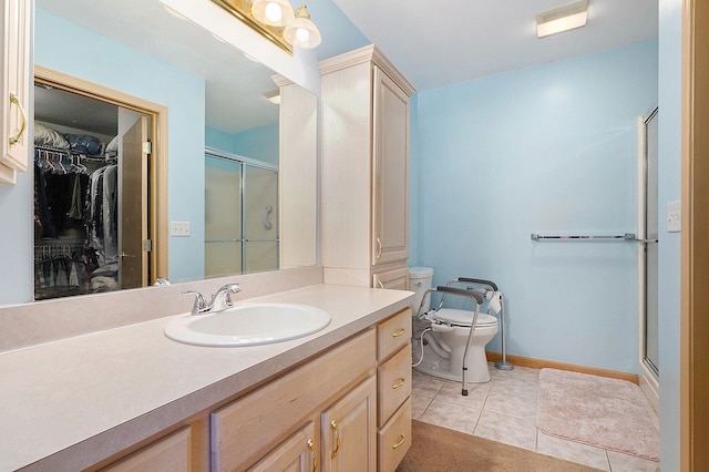 9098 Luea Ln, Swartz Creek, MI 48473 - full bathroom featuring a stall shower, tile patterned flooring, vanity, a walk in closet, and toilet