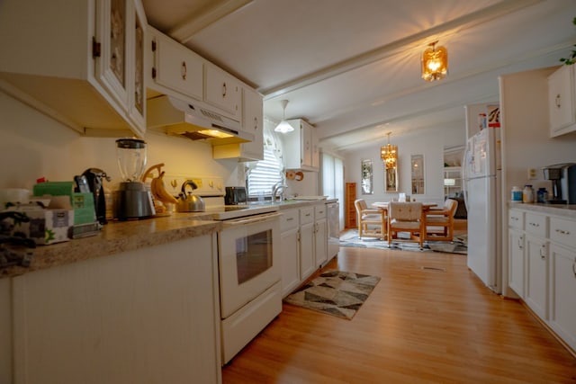 14424 Grenwich Ct, Shelby Twp, MI 48315 - kitchen with white appliances, under cabinet range hood, light wood-style flooring, white cabinets, and beamed ceiling