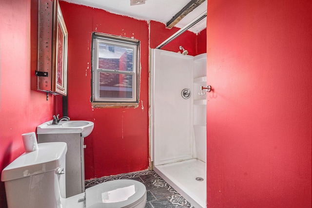 full bath featuring a shower stall, toilet, and a sink