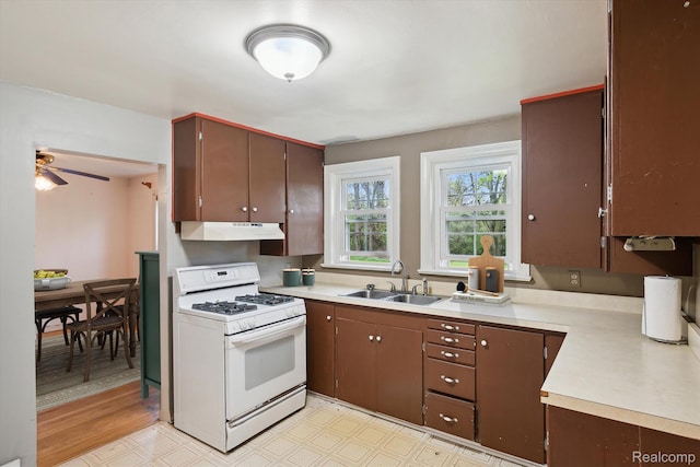 260 S Dexter St, Pinckney, MI 48169 - kitchen with white gas range, a sink, under cabinet range hood, light countertops, and a ceiling fan