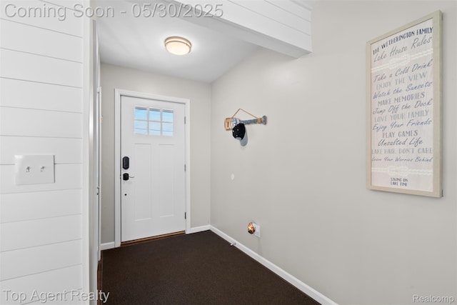 7910 Anchor Bay Dr, Clay, MI 48001 - doorway to outside featuring baseboards and dark colored carpet