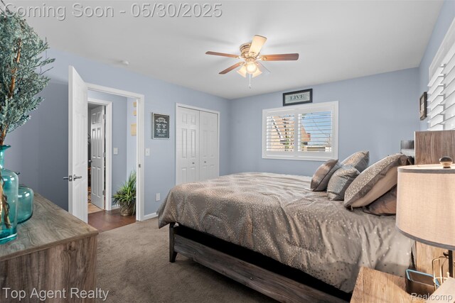 7910 Anchor Bay Dr, Clay, MI 48001 - bedroom featuring carpet, a closet, baseboards, and a ceiling fan