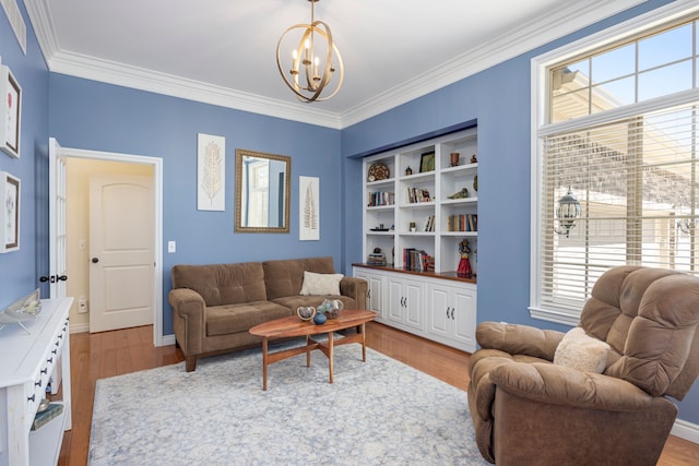 58651 Glacier Club Dr, Washington, MI 48094 - living room featuring a chandelier, plenty of natural light, ornamental molding, light wood-style flooring, and baseboards