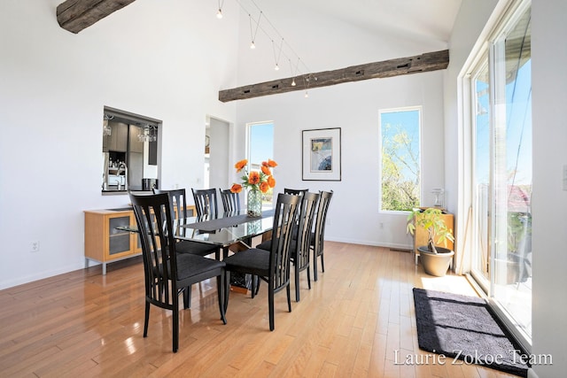 12250 Knoper Ct, Allendale, MI 49401 - dining room featuring light wood-style floors, high vaulted ceiling, and baseboards