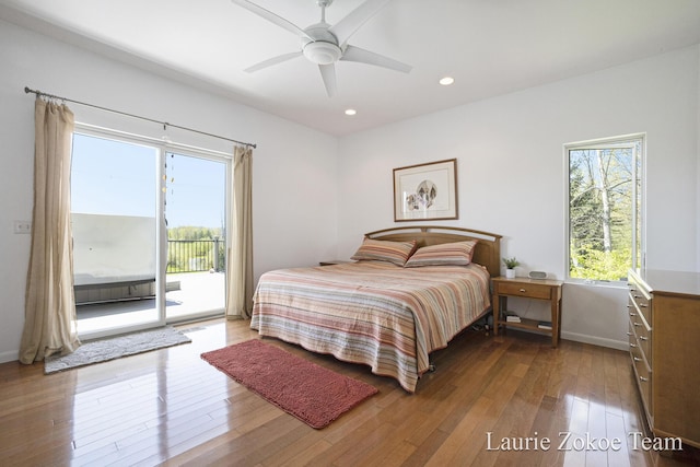 12250 Knoper Ct, Allendale, MI 49401 - bedroom featuring access to exterior, wood-type flooring, recessed lighting, baseboards, and a ceiling fan