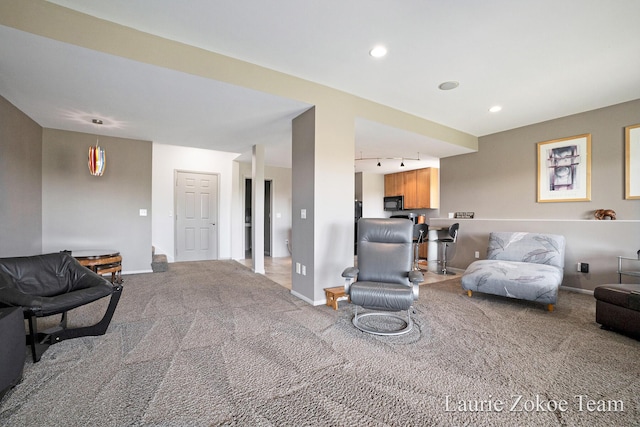 12250 Knoper Ct, Allendale, MI 49401 - living area featuring baseboards, carpet, rail lighting, and recessed lighting
