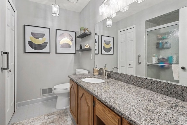48775 Windmill Cir W, Macomb, MI 48044 - bathroom with baseboards, toilet, a shower stall, tile patterned floors, and vanity