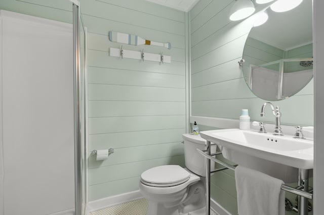 4150 Ridge Rd Unit 21, Stevensville, MI 49127 - full bathroom with a shower stall, toilet, and wooden walls