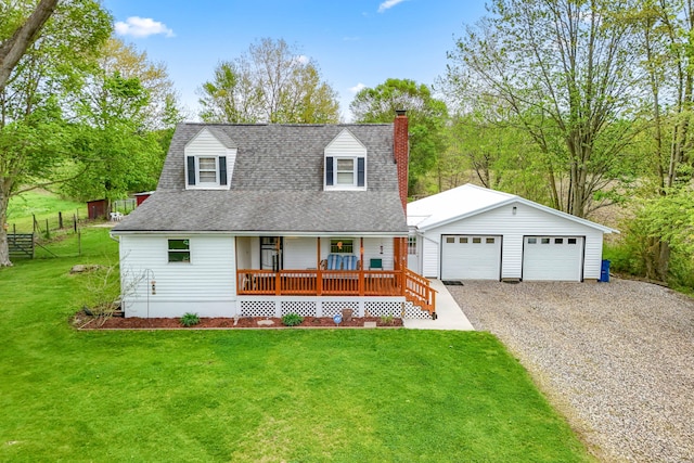 465 Ridge Rd, Quincy, MI 49082 - new england style home featuring covered porch, a chimney, an outdoor structure, a front lawn, and a garage
