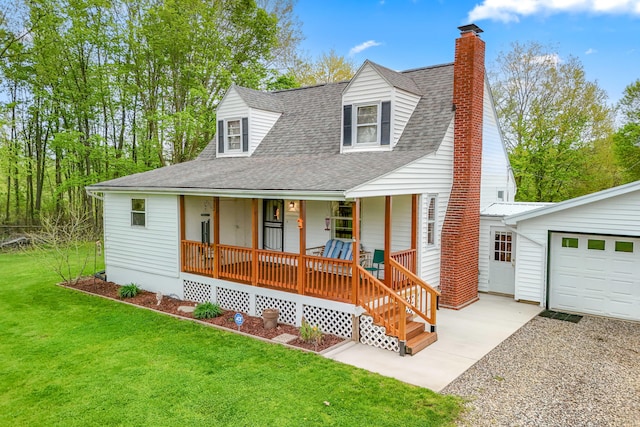 465 Ridge Rd, Quincy, MI 49082 - view of front facade with covered porch, a shingled roof, a chimney, a front lawn, and a garage