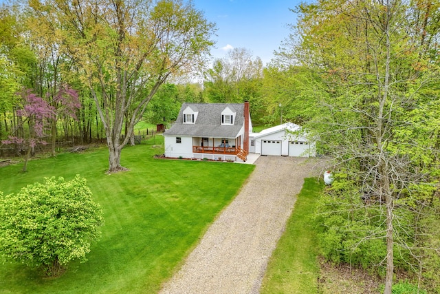 465 Ridge Rd, Quincy, MI 49082 - cape cod house with a chimney, a porch, a front yard, a detached garage, and roof with shingles