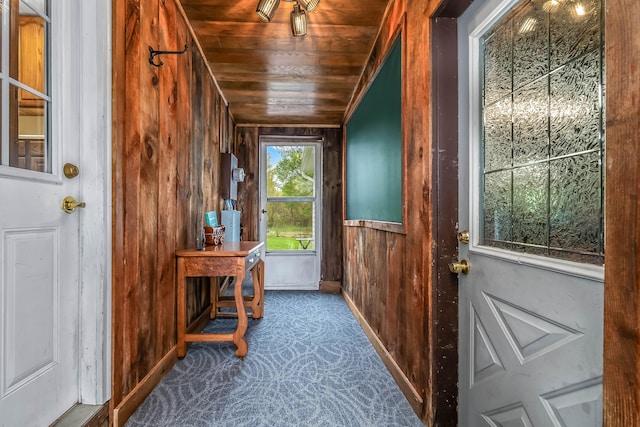 465 Ridge Rd, Quincy, MI 49082 - doorway with wooden walls, carpet flooring, and wood ceiling