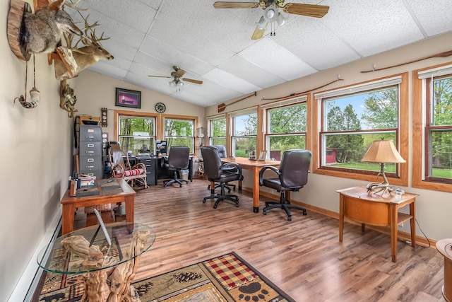 465 Ridge Rd, Quincy, MI 49082 - home office featuring a ceiling fan, light wood finished floors, plenty of natural light, baseboards, and vaulted ceiling