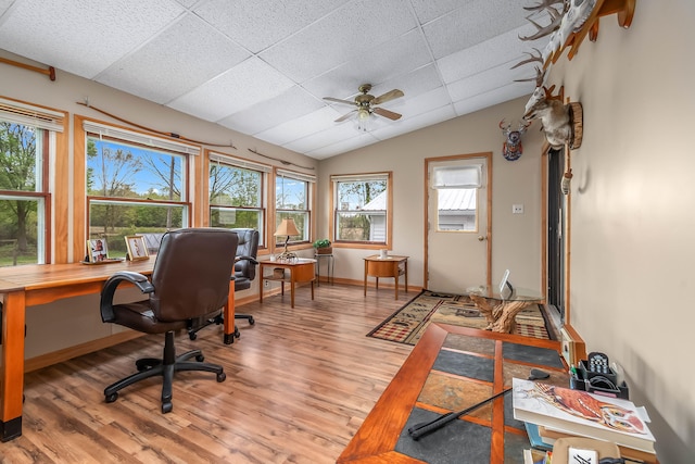 465 Ridge Rd, Quincy, MI 49082 - office area with light wood-style flooring, a ceiling fan, lofted ceiling, and baseboards