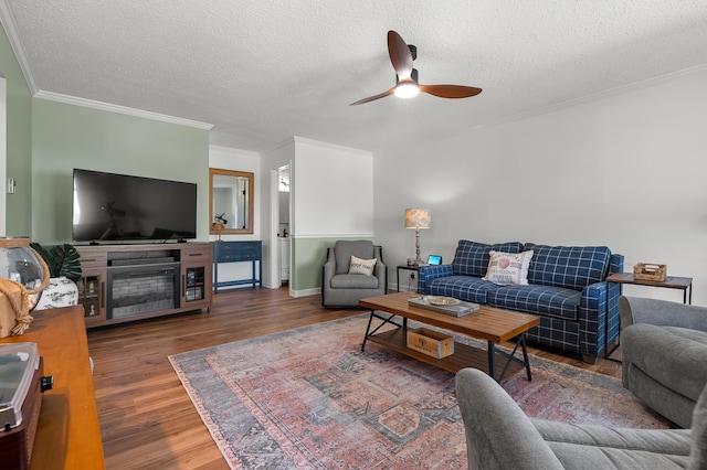 4150 Ridge Rd Unit 21And 22, Stevensville, MI 49127 - living area with a ceiling fan, ornamental molding, wood finished floors, a textured ceiling, and a fireplace
