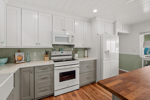 4150 Ridge Rd Unit 21And 22, Stevensville, MI 49127 - kitchen with white appliances, gray cabinetry, light wood finished floors, recessed lighting, and wood ceiling