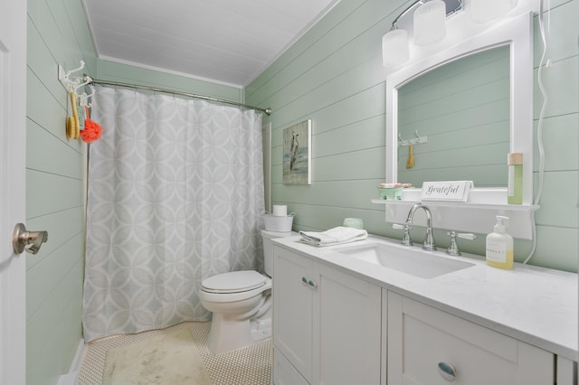 4150 Ridge Rd Unit 21And 22, Stevensville, MI 49127 - full bathroom featuring toilet, tile patterned floors, vanity, a shower with shower curtain, and wood walls
