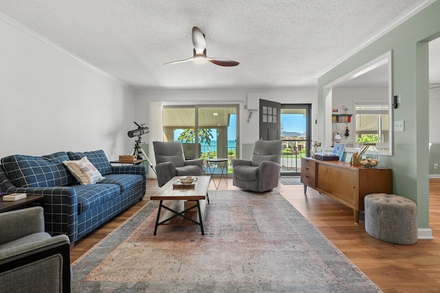 4150 Ridge Rd Unit 22, Stevensville, MI 49127 - living area with ceiling fan, wood finished floors, healthy amount of natural light, ornamental molding, and a textured ceiling