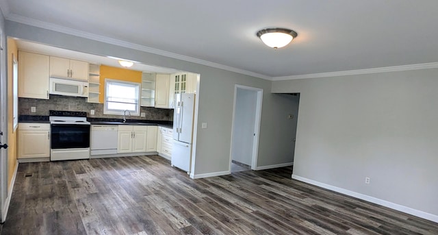 kitchen featuring white appliances, dark countertops, open shelves, dark wood finished floors, and backsplash