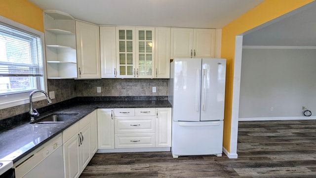 kitchen with white appliances, a sink, ornamental molding, open shelves, and decorative backsplash