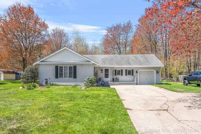 single story home featuring a garage, concrete driveway, a front lawn, and roof with shingles