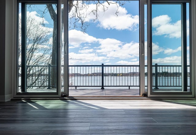 doorway featuring a water view and wood finished floors